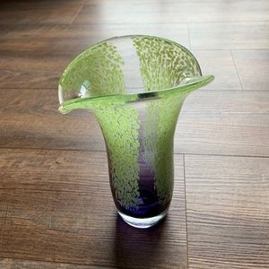 Dark Purple Lime Green Teleflora Hand Blown Tall Speckled Art Glass Vase 8”